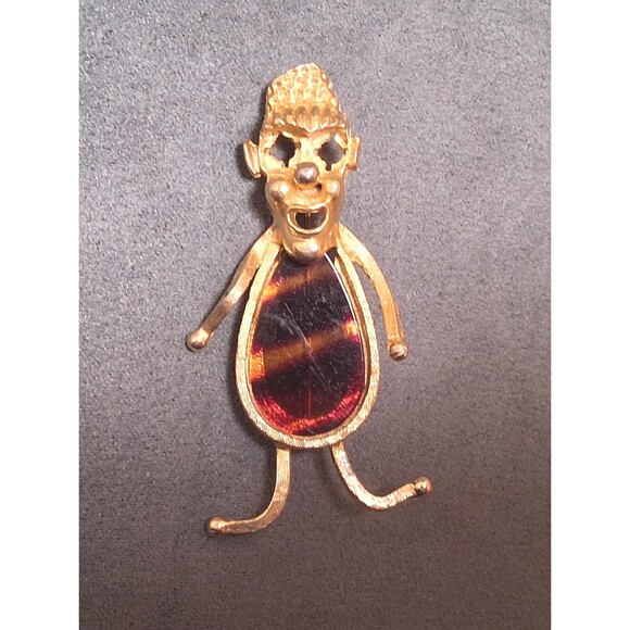 Vintage Comical Man Brooch Tortoise Shell Glass - Picture 1 of 3